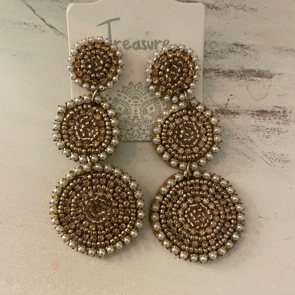 Vintage Style Gold‎ & Pearl Beaded Drop Earrings Statement